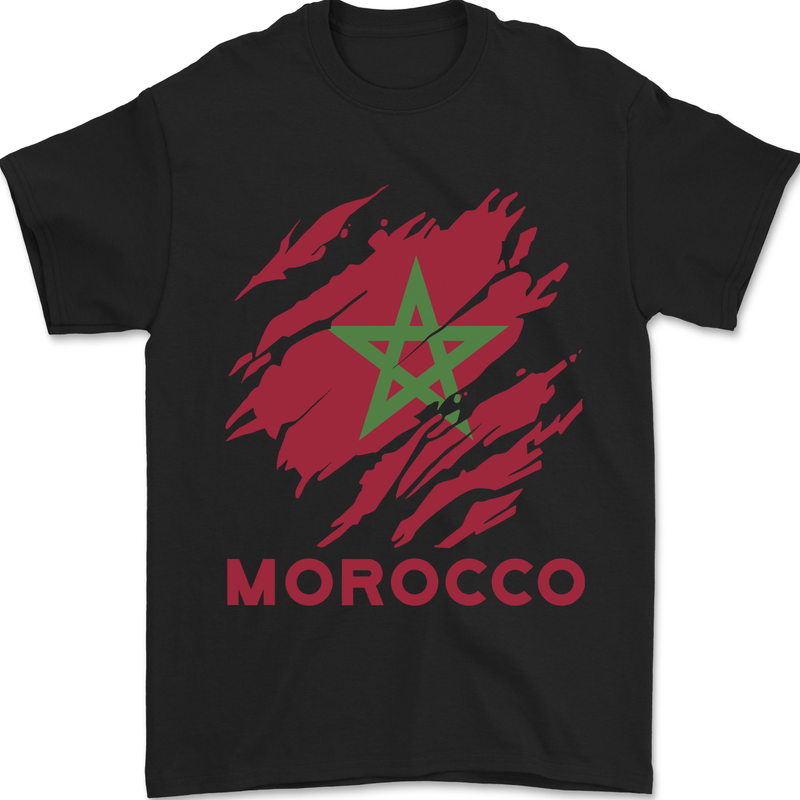 Morocco Ripped Flag Mens T-Shirt 100% Cotton Black