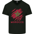 Morocco Ripped Flag Mens V-Neck Cotton T-Shirt Black