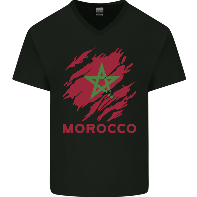 Morocco Ripped Flag Mens V-Neck Cotton T-Shirt Black
