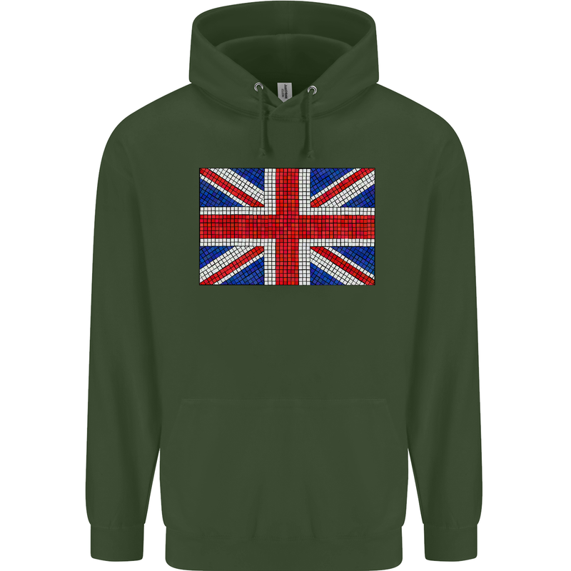 Mosaic Union Jack Flag Great Britain UK Childrens Kids Hoodie Forest Green