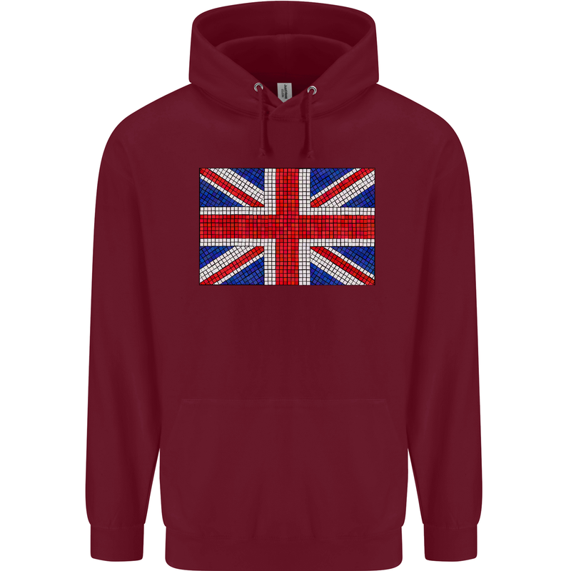 Mosaic Union Jack Flag Great Britain UK Childrens Kids Hoodie Maroon