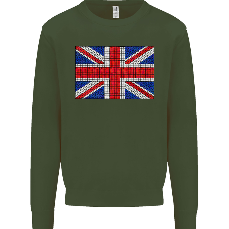 Mosaic Union Jack Flag Great Britain UK Kids Sweatshirt Jumper Forest Green
