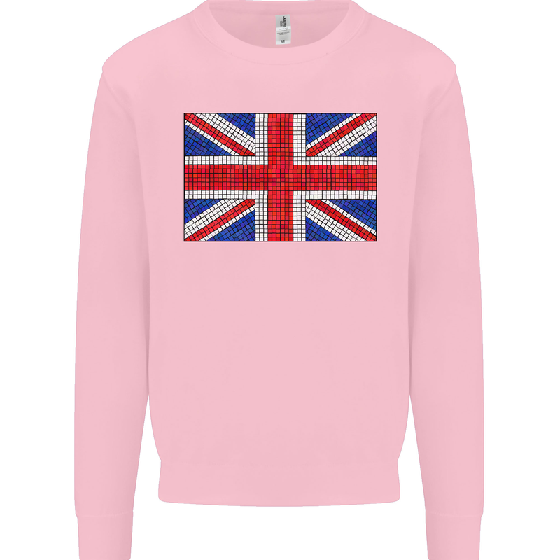 Mosaic Union Jack Flag Great Britain UK Kids Sweatshirt Jumper Light Pink