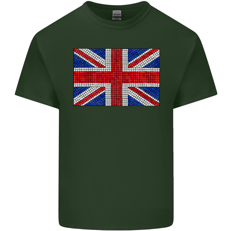 Mosaic Union Jack Flag Great Britain UK Mens Cotton T-Shirt Tee Top Forest Green