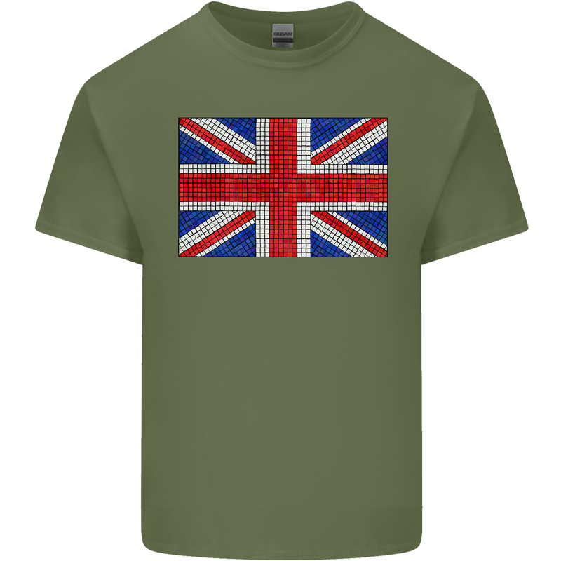 Mosaic Union Jack Flag Great Britain UK Mens Cotton T-Shirt Tee Top Military Green