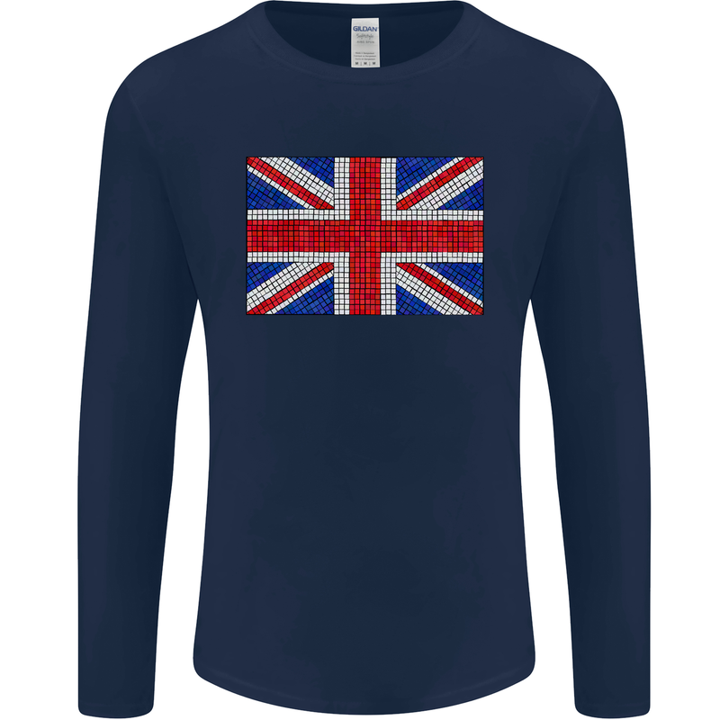 Mosaic Union Jack Flag Great Britain UK Mens Long Sleeve T-Shirt Navy Blue