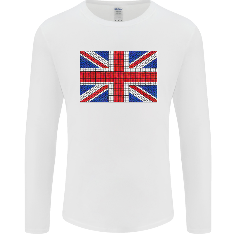 Mosaic Union Jack Flag Great Britain UK Mens Long Sleeve T-Shirt White