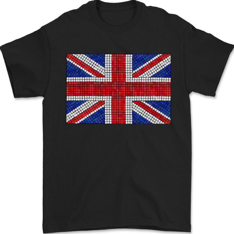 Mosaic Union Jack Flag Great Britain UK Mens T-Shirt 100% Cotton Black