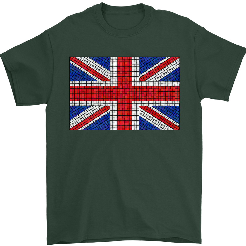 Mosaic Union Jack Flag Great Britain UK Mens T-Shirt 100% Cotton Forest Green