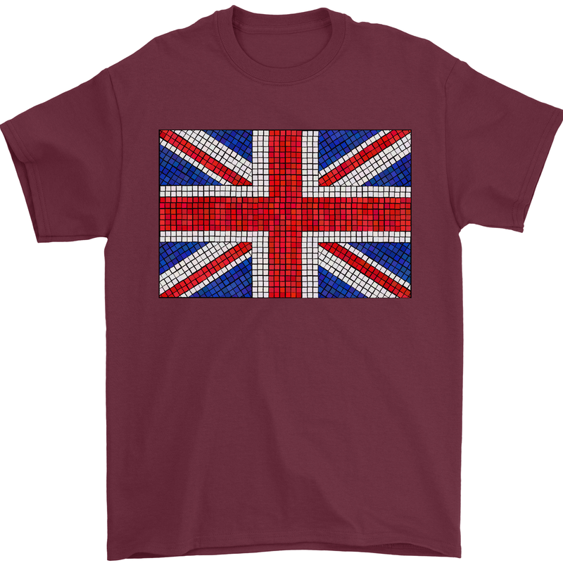 Mosaic Union Jack Flag Great Britain UK Mens T-Shirt 100% Cotton Maroon