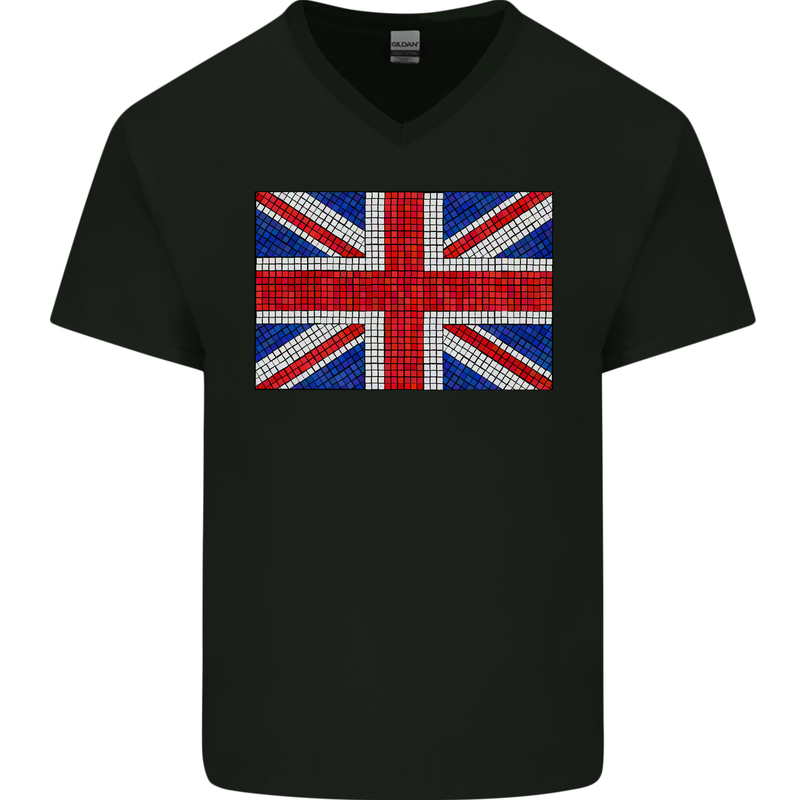 Mosaic Union Jack Flag Great Britain UK Mens V-Neck Cotton T-Shirt Black