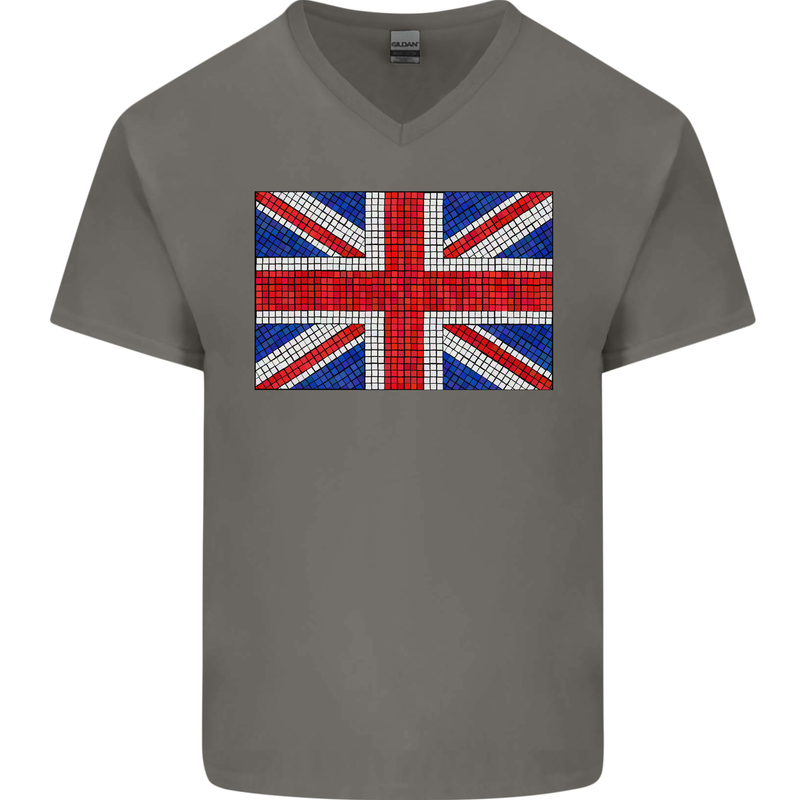 Mosaic Union Jack Flag Great Britain UK Mens V-Neck Cotton T-Shirt Charcoal