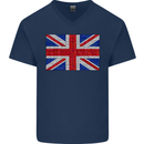 Mosaic Union Jack Flag Great Britain UK Mens V-Neck Cotton T-Shirt Navy Blue