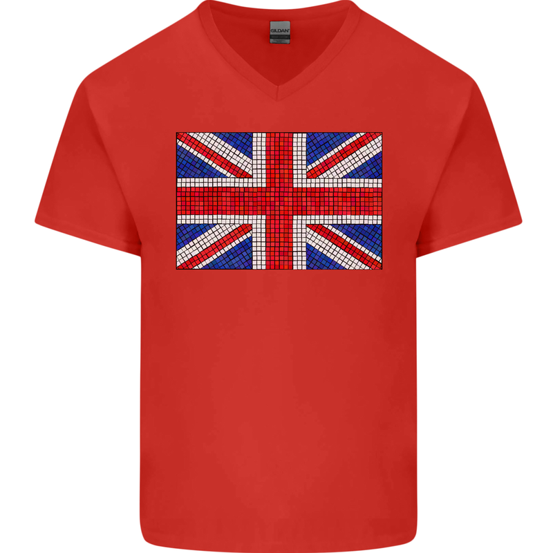 Mosaic Union Jack Flag Great Britain UK Mens V-Neck Cotton T-Shirt Red