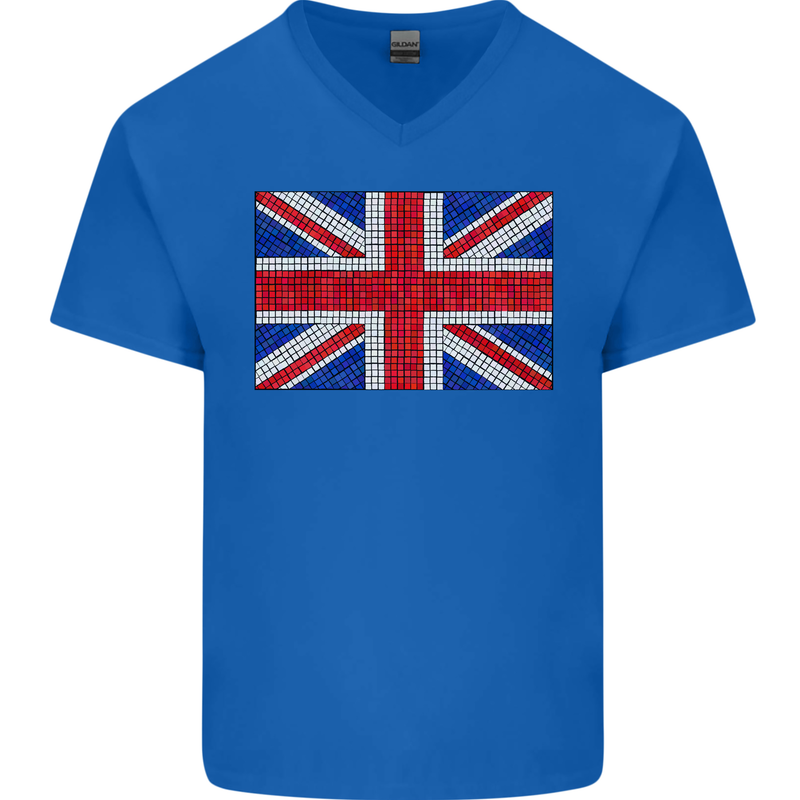 Mosaic Union Jack Flag Great Britain UK Mens V-Neck Cotton T-Shirt Royal Blue