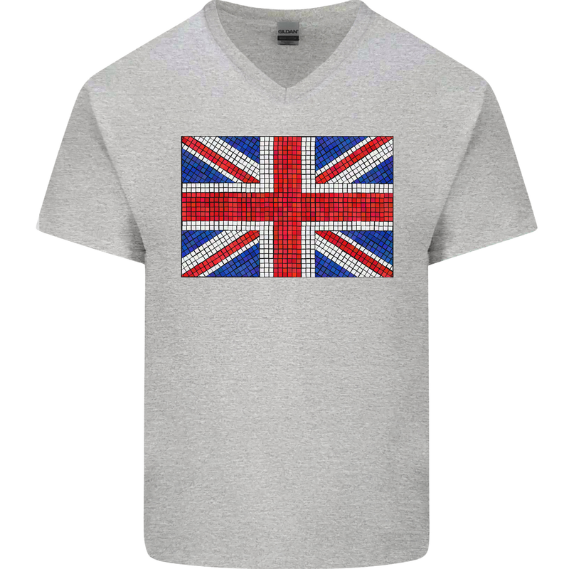 Mosaic Union Jack Flag Great Britain UK Mens V-Neck Cotton T-Shirt Sports Grey