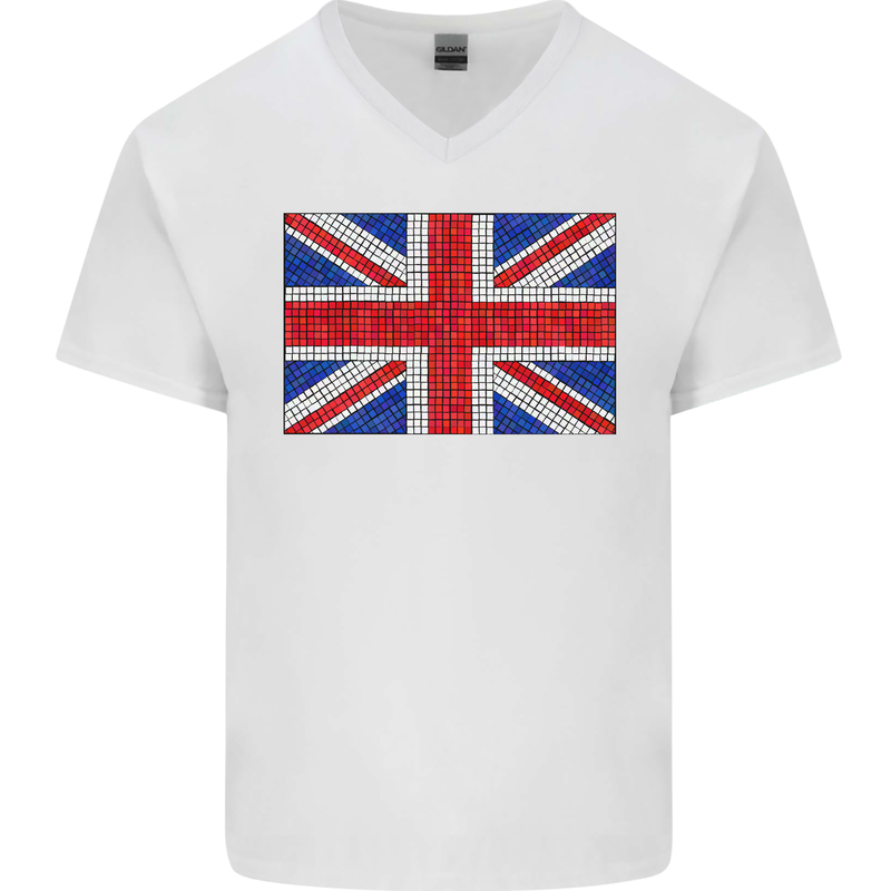 Mosaic Union Jack Flag Great Britain UK Mens V-Neck Cotton T-Shirt White