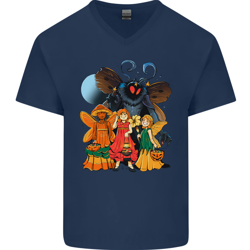 Mothman With Fairies Mens V-Neck Cotton T-Shirt Navy Blue