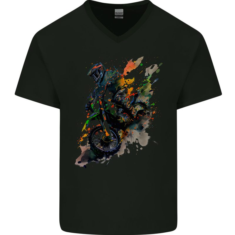 Motocross Art Dirt Bike MotoX Mens V-Neck Cotton T-Shirt Black