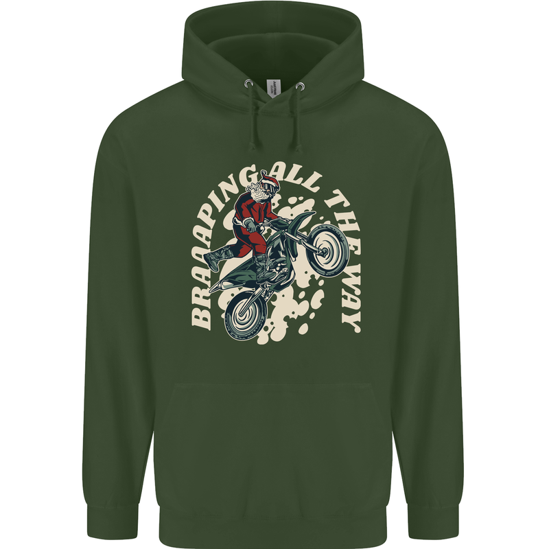 Motocross Christmas Santa MotoX Biker Motorcycle Childrens Kids Hoodie Forest Green