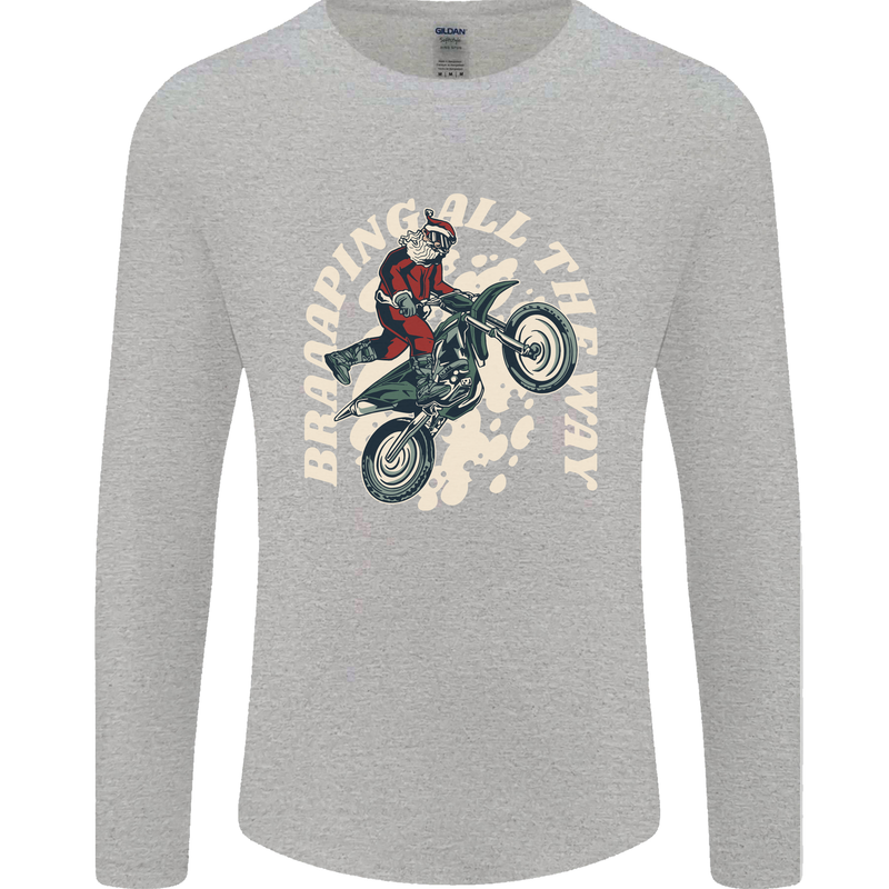 Motocross Christmas Santa MotoX Biker Motorcycle Mens Long Sleeve T-Shirt Sports Grey