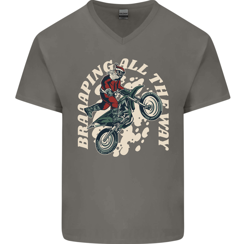 Motocross Christmas Santa MotoX Biker Motorcycle Mens V-Neck Cotton T-Shirt Charcoal