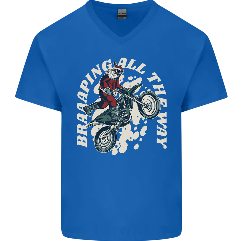 Motocross Christmas Santa MotoX Biker Motorcycle Mens V-Neck Cotton T-Shirt Royal Blue