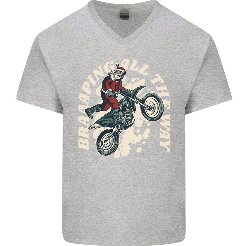 Motocross Christmas Santa MotoX Biker Motorcycle Mens V-Neck Cotton T-Shirt Sports Grey