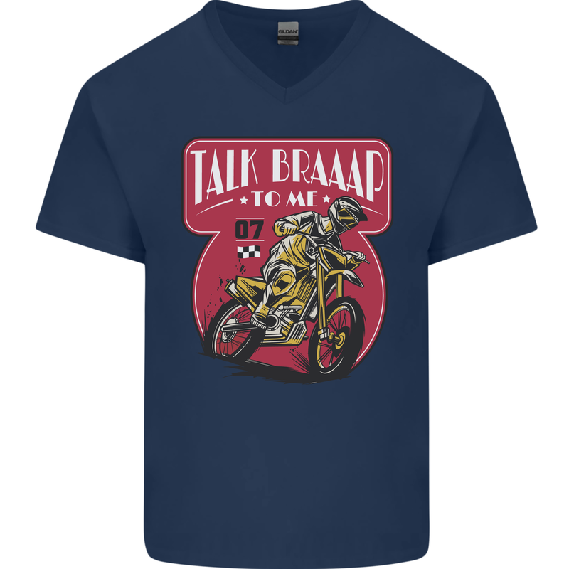 Motocross Talk Braaap MotoX Dirt Bike Motorcycle Mens V-Neck Cotton T-Shirt Navy Blue