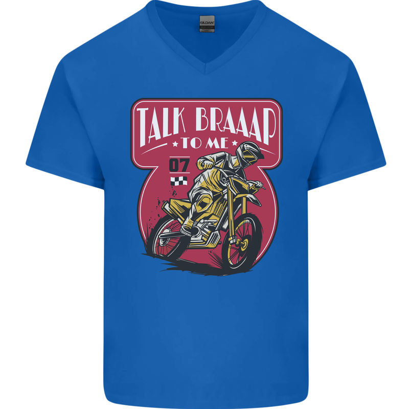 Motocross Talk Braaap MotoX Dirt Bike Motorcycle Mens V-Neck Cotton T-Shirt Royal Blue