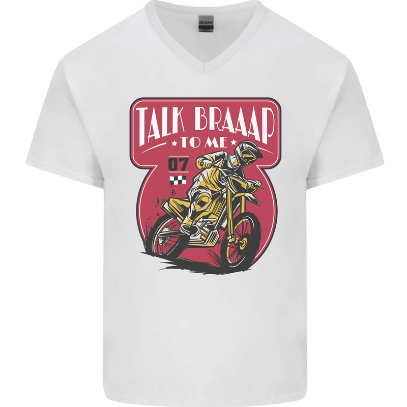 Motocross Talk Braaap MotoX Dirt Bike Motorcycle Mens V-Neck Cotton T-Shirt White