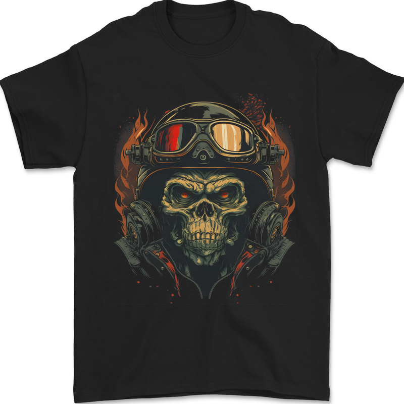 a black t - shirt with a skull wearing a helmet