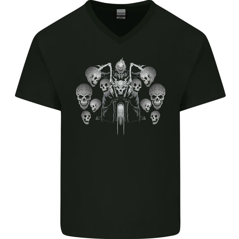 Motorcycle Skulls & Rider Motorbike Biker Mens V-Neck Cotton T-Shirt Black