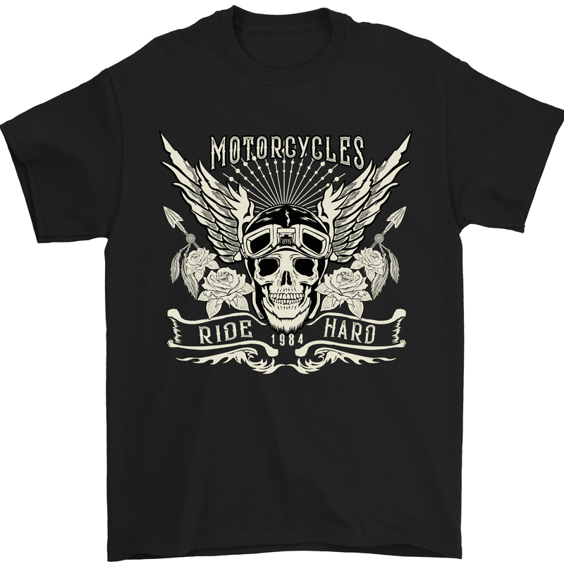 a black motorcycle t - shirt with a skull and wings