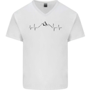 Mountain ECG Hiking Trekking Climbing Pulse Mens V-Neck Cotton T-Shirt White