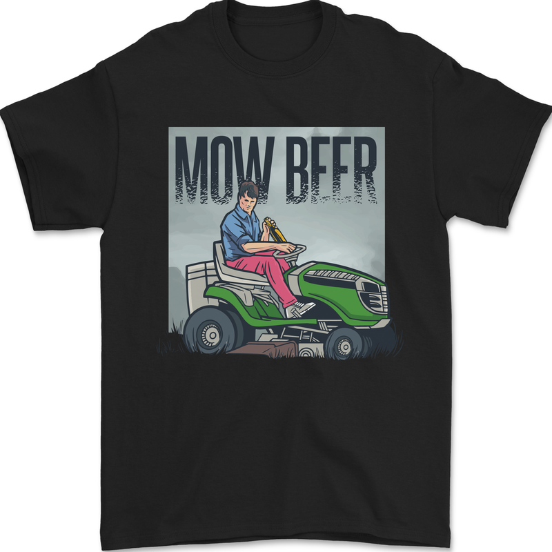a black t - shirt with an image of a man on a lawn mower