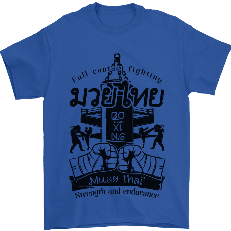 Muay Thai Full Contact Martial Arts MMA Mens T-Shirt 100% Cotton Royal Blue