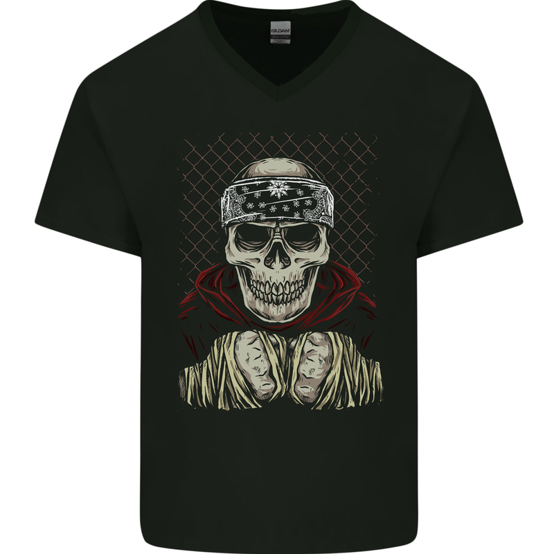 Muay Thai Kickboxing Skull Fighter MMA Boxing Mens V-Neck Cotton T-Shirt Black