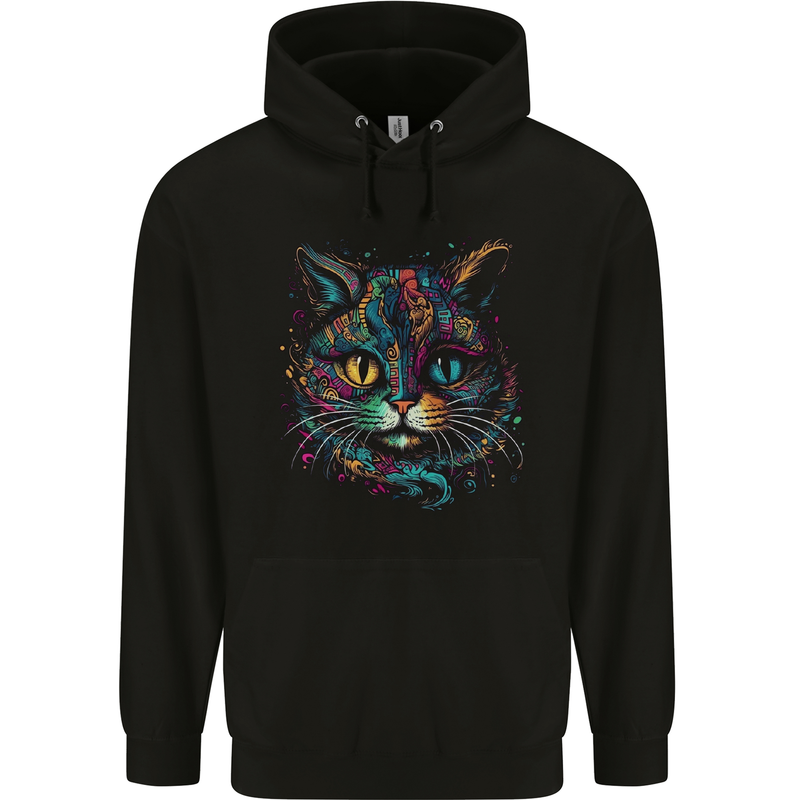 Multicoloured Tribal Fantasy Cat Childrens Kids Hoodie Black