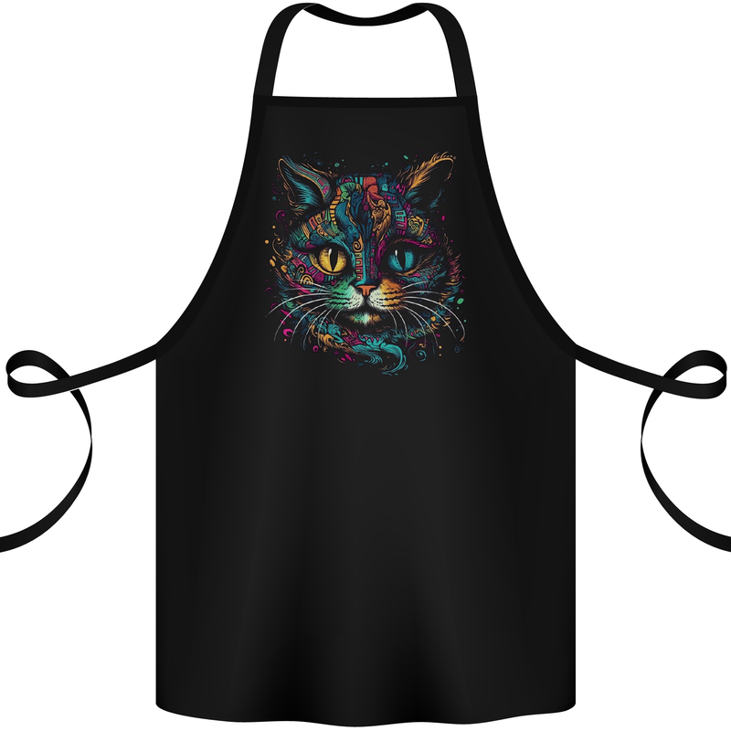 Multicoloured Tribal Fantasy Cat Cotton Apron 100% Organic Black