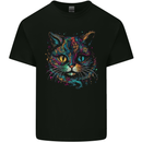 Multicoloured Tribal Fantasy Cat Kids T-Shirt Childrens Black