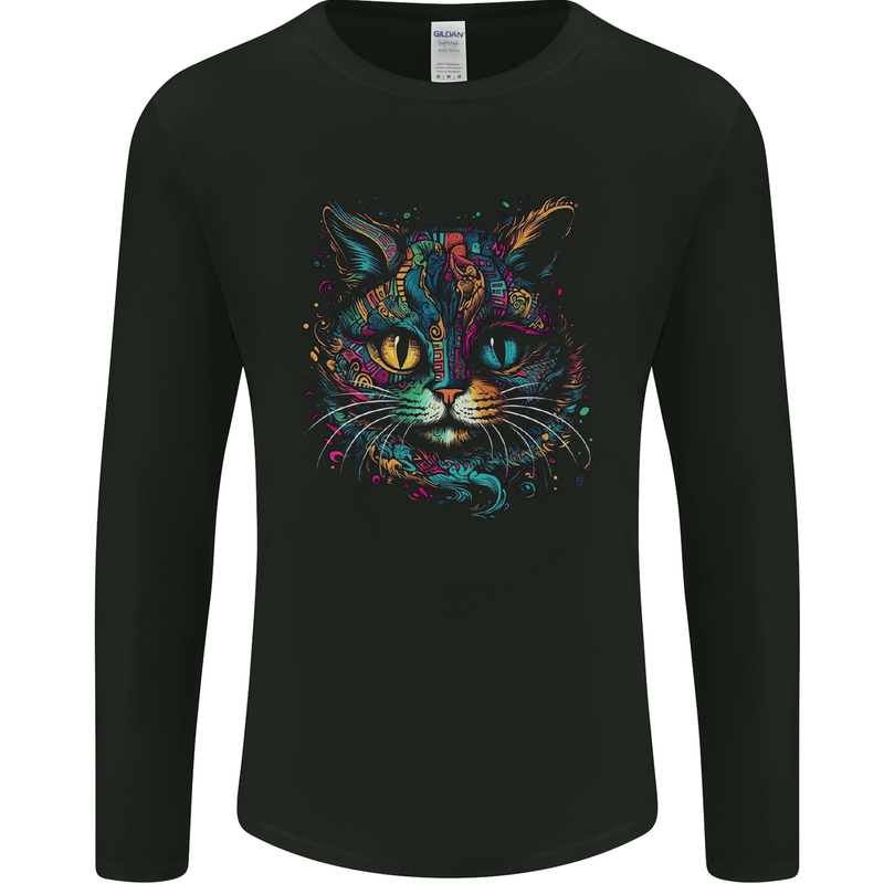 Multicoloured Tribal Fantasy Cat Mens Long Sleeve T-Shirt Black