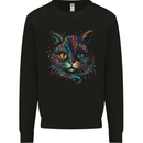 Multicoloured Tribal Fantasy Cat Mens Sweatshirt Jumper Black