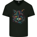 Multicoloured Tribal Fantasy Cat Mens V-Neck Cotton T-Shirt Black