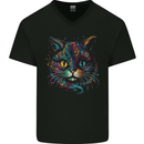 Multicoloured Tribal Fantasy Cat Mens V-Neck Cotton T-Shirt Black