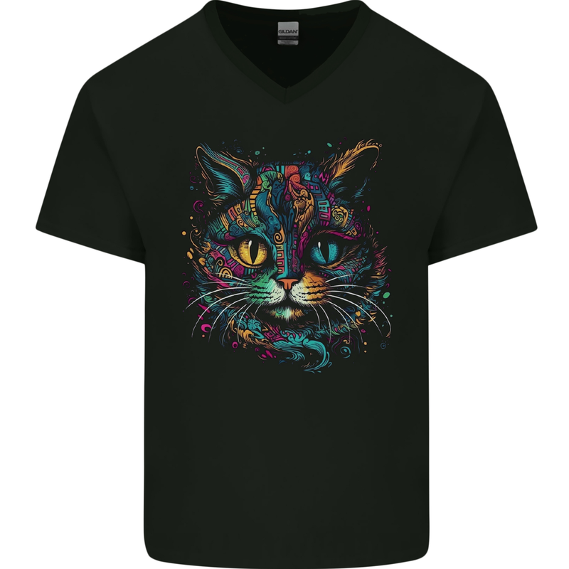 Multicoloured Tribal Fantasy Cat Mens V-Neck Cotton T-Shirt Black