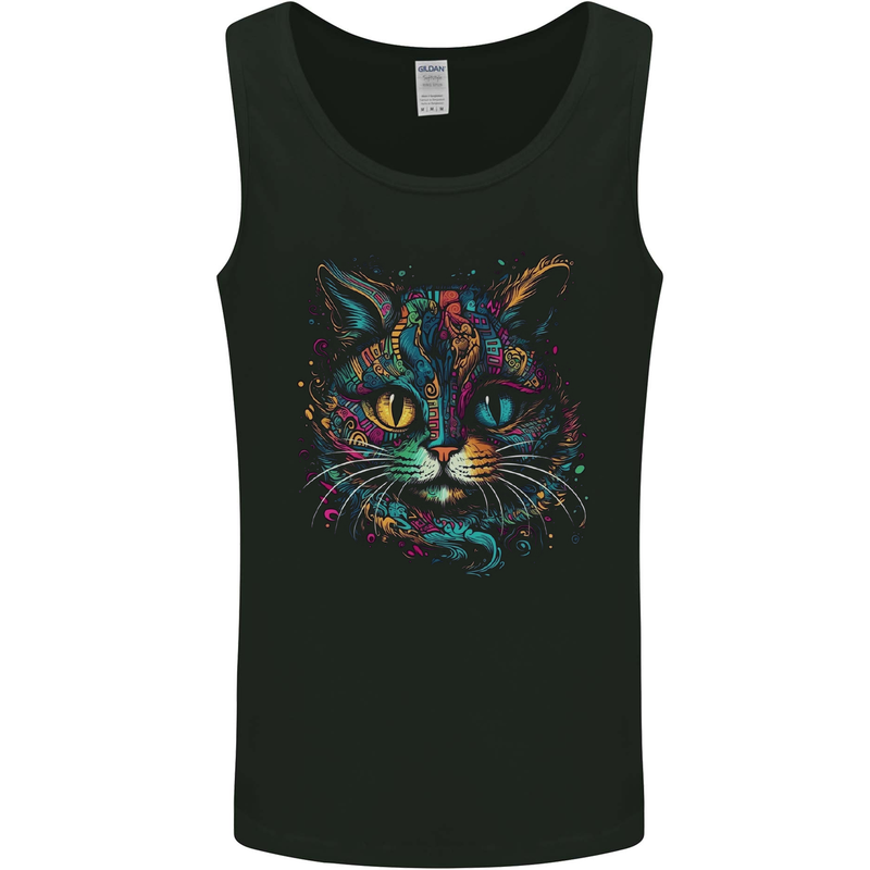 Multicoloured Tribal Fantasy Cat Mens Vest Tank Top Black