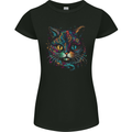Multicoloured Tribal Fantasy Cat Womens Petite Cut T-Shirt Black