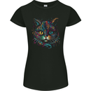 Multicoloured Tribal Fantasy Cat Womens Petite Cut T-Shirt Black