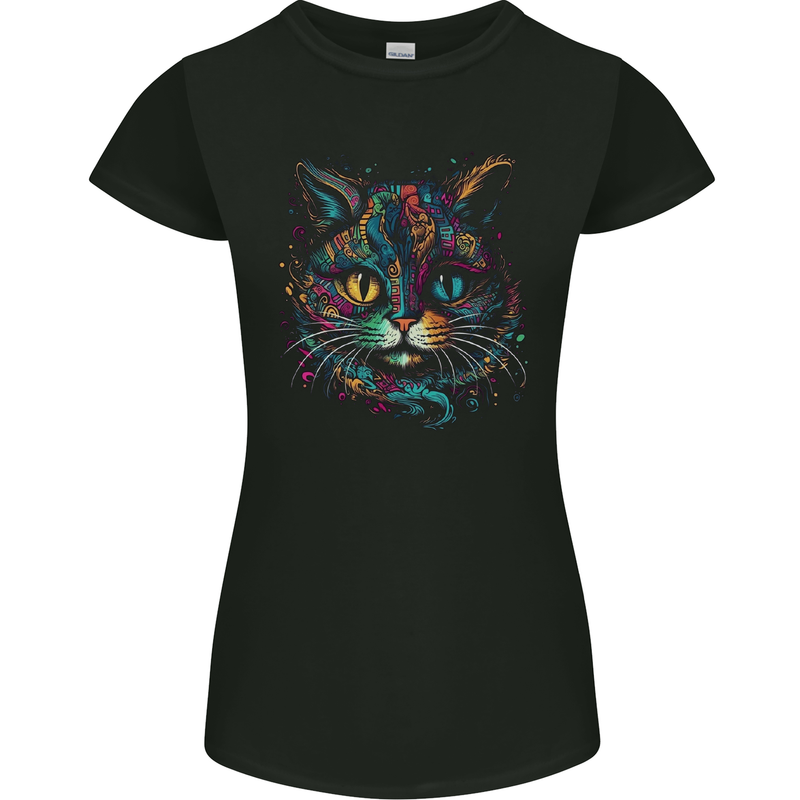 Multicoloured Tribal Fantasy Cat Womens Petite Cut T-Shirt Black